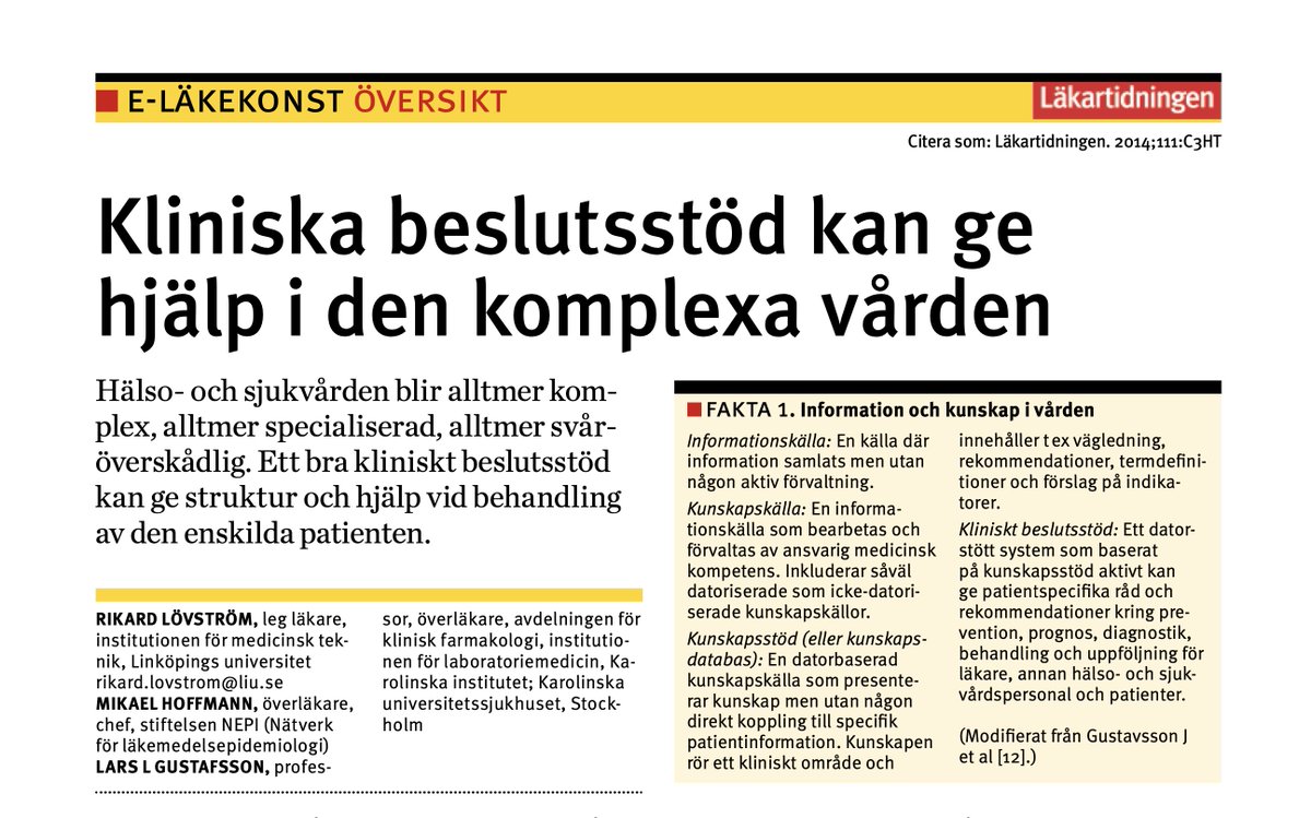 lakemedel's tweet photo. ->
Sverige saknar idag en sammanhållen strategi för utveckling (inkl informatik/terminologi), förvaltning och utvärdering av kunskapsdatabaser och saknar därmed också en viktig infrastruktur för kliniska beslutsstöd.
@rikardlovstrom @eHalsan 
->
https://t.co/vi3P35yCHi https://t.co/ACaAJc3daU