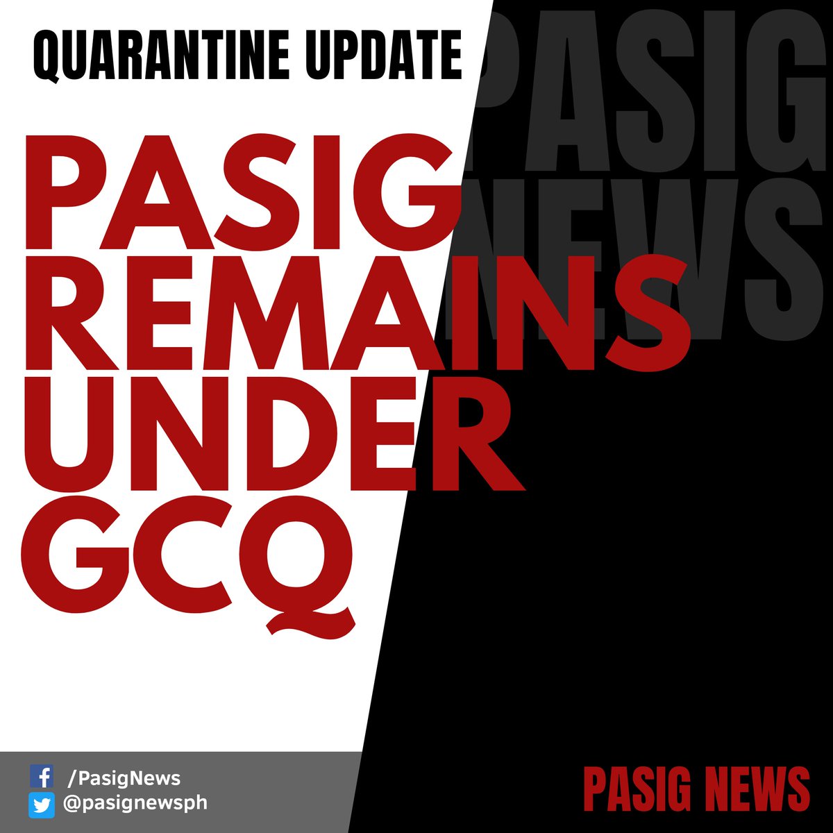 PasigNewsPH's tweet photo. PASIG REMAINS UNDER GCQ

Ito ay matapos aprubahan ni Pangulong Duterte ang panukalang inihain ng IATF-EID na isailalim pa rin ang buong Metro Manila sa General Community Quarantine hanggang October 31, 2020.

Basahin ang buong detalye 👉 https://t.co/mAT4yLH3EQ

#PasigNews https://t.co/ot8s5DTagF