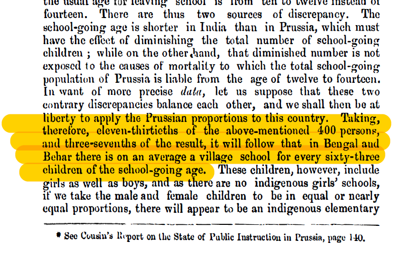 In his reports, Adams noted that there were more than 100,000 Vernacular schools in Bengal and Behar combined together in beginning of 18th Century. Thats equivalent to one school per 400 person that time. Wow! Actually one school for each 36 school going children.3/n