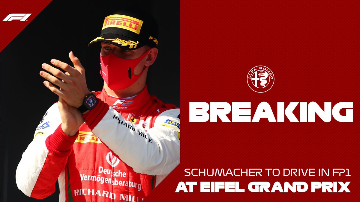 BREAKING: @SchumacherMick will drive for @alfaromeoracing in FP1 at the Eifel Grand Prix!
He will be joined by @callum_ilott - who will drive in FP1 for @HaasF1Team
Ferrari Driver Academy also confirm that @ShwartzmanRob will feature in FP1 at the Abu Dhabi Grand Prix
#F1 https://t.co/2mCbSgGYue