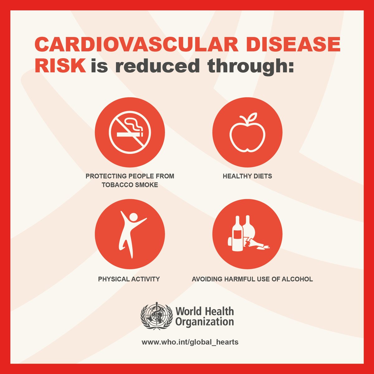UN's tweet image. The risk of cardiovascular disease can be reduced through:

🍎🥦healthier diet
🤸‍♂️physical activity
🚭quitting use of tobacco 
🥃avoiding harmful consumption of alcohol

More from @WHO on #WorldHeartDay: bit.ly/3mZYY6U