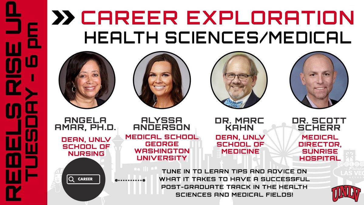 DRFrancois1's tweet photo. Looking forward to a great conversation with our health sciences/medical career exploration panel tonight w our very own @UNLVmedicine @UNLVnursing Deans, Dr. Scott Scherr and our former @UNLVSAAC president and @UNLVLadyRebels, now medical student, Alyssa Anderson! #BEaREBEL https://t.co/t2CrWWbiJG