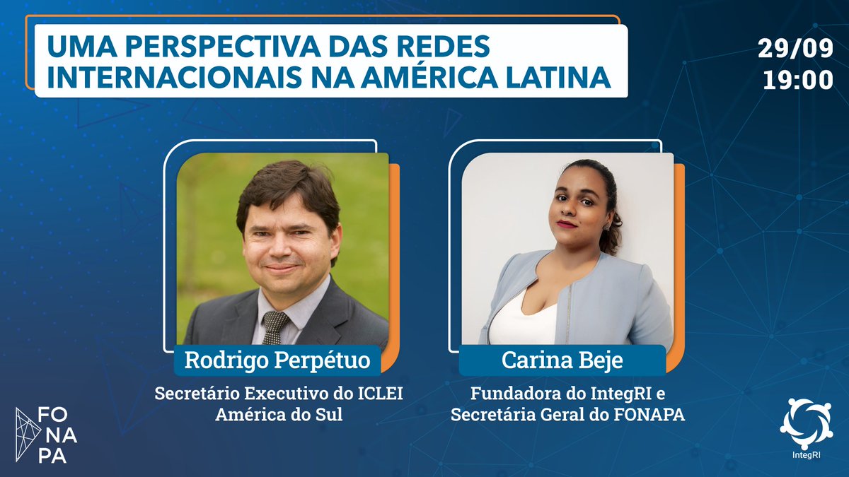 Integribr's tweet photo. Hoje, às 19h, o @RodrigoPerpetuo, que é Secretário-Executivo do @ICLEI_SAMS, vai falar no nosso canal do YouTube sobre as perspectivas das Redes Internacionais na América Latina! 
Essa live será mediada pela @BejeCarina, do IntegRI.

Acesse nosso canal:
 https://t.co/8dArvntdJr https://t.co/0tBNsQGzUl