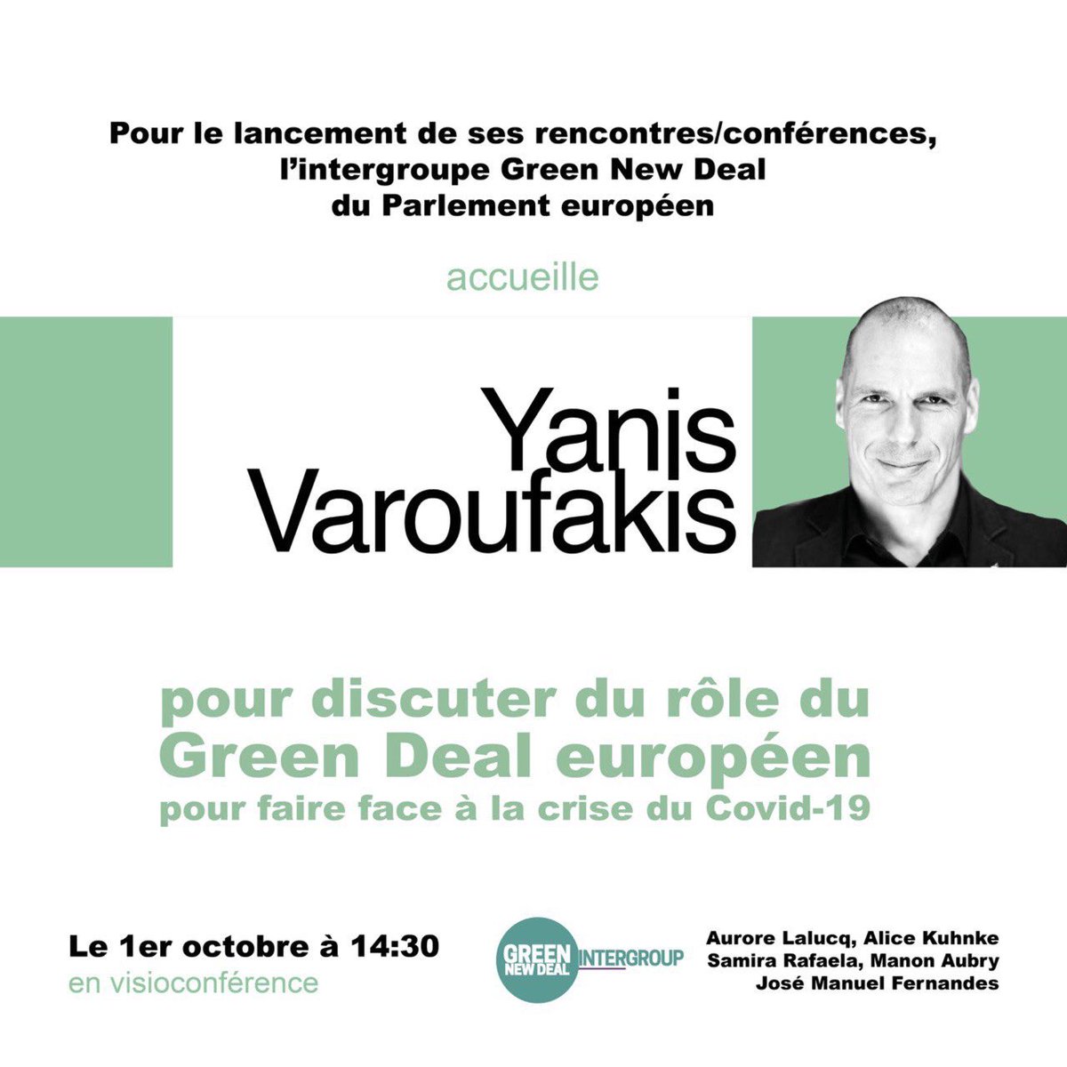 Pour notre première conférence de cette rentrée, l’intergroupe Green New deal du Parlement européen aura le plaisir de recevoir Yanis Varoufakis. ⁦<a href="/yanisvaroufakis/">Yanis Varoufakis</a>⁩
Pour s’inscrire 👇