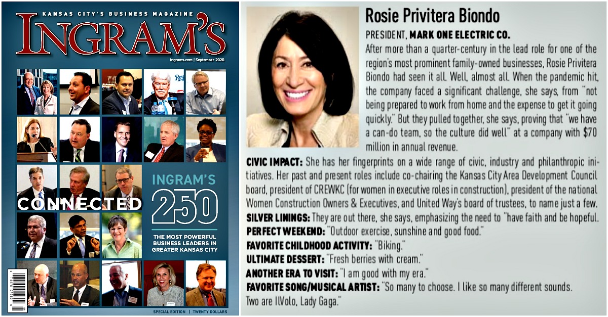Mark One Electric (@markoneelecco) on Twitter photo Proud to see our president, <a href="/RosanaBiondo/">Rosana Privitera Biondo</a>, recognized by <a href="/IngramsMagazine/">Ingram's Magazine</a> as one of Kansas City's 250 Most Powerful Business Leaders! 🥰 #MarkofExcellence Proud to see our president, <a href="/RosanaBiondo/">Rosana Privitera Biondo</a>, recognized by <a href="/IngramsMagazine/">Ingram's Magazine</a> as one of Kansas City's 250 Most Powerful Business Leaders! 🥰 #MarkofExcellence