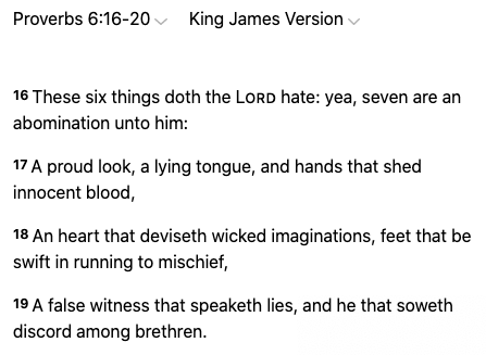 DefensibleHR's tweet photo. @matvkeulen @BeholdIsrael Does Proverbs 6:16-19 Remind you of any President? https://t.co/nL4T1iYZiH