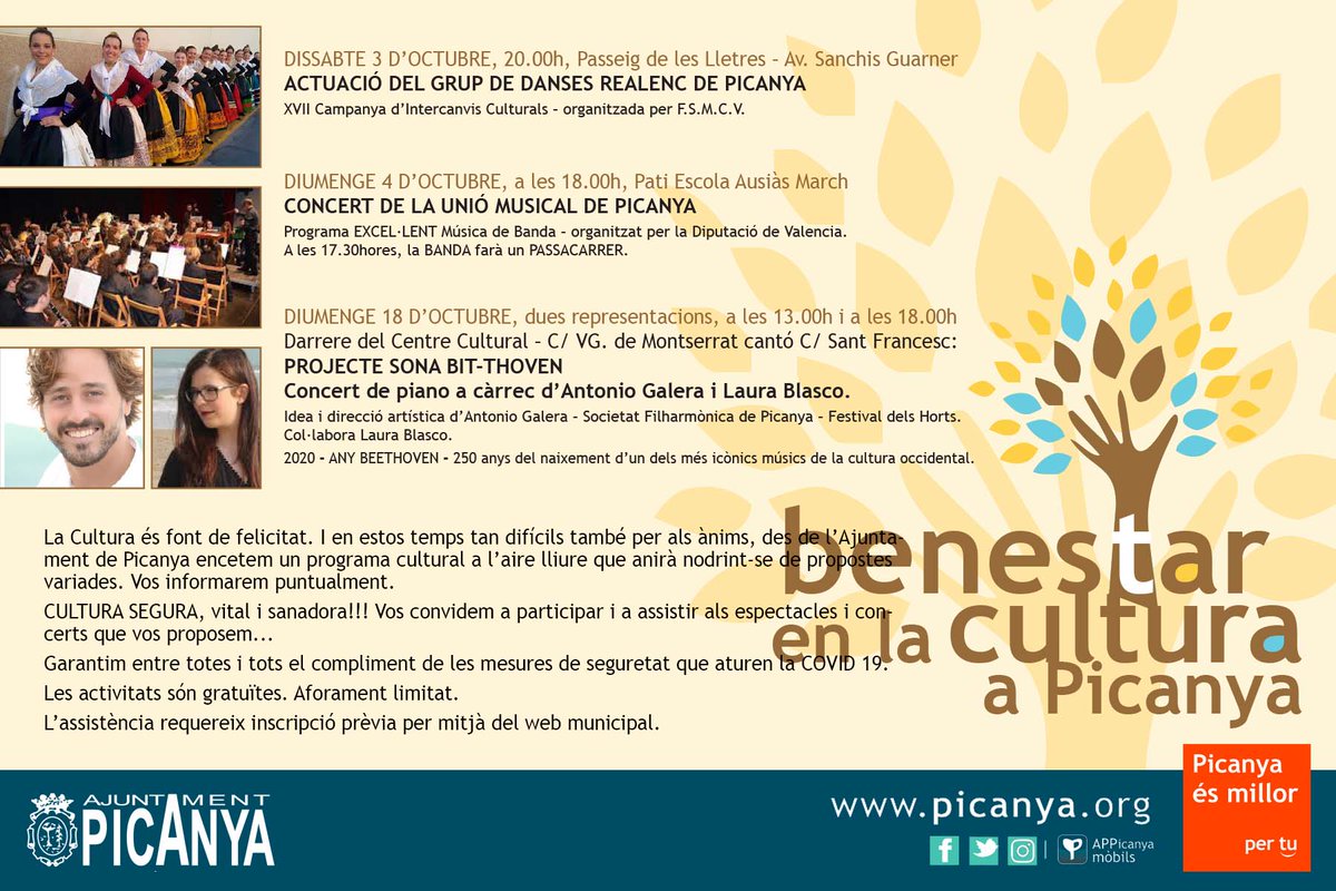 Torna la cultura als carrers del nostre poble.
Nova programació sota el nom de "Benestar de la cultura a Picanya".
Per a assistir com a públic cal fer reserva per mitjà del web municipal.
+ informació i reserva: bit.ly/30iRQc3