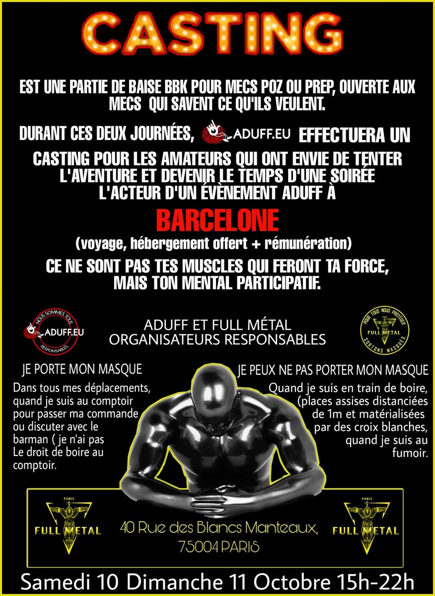 MICHELMEKA1's tweet photo. Samedi 10 et dimanche 11 octobre deux après-midi de baise sans pudeur au @FullMetalParis. #aduff, organisateur de cet évènement vous invite à postuler pour devenir l'acteur d'une soirée fuck à Barcelone le casting aura lieu durant ces deux dates...
@ADUFF_NET @machobbcom https://t.co/CJsERdF3ji