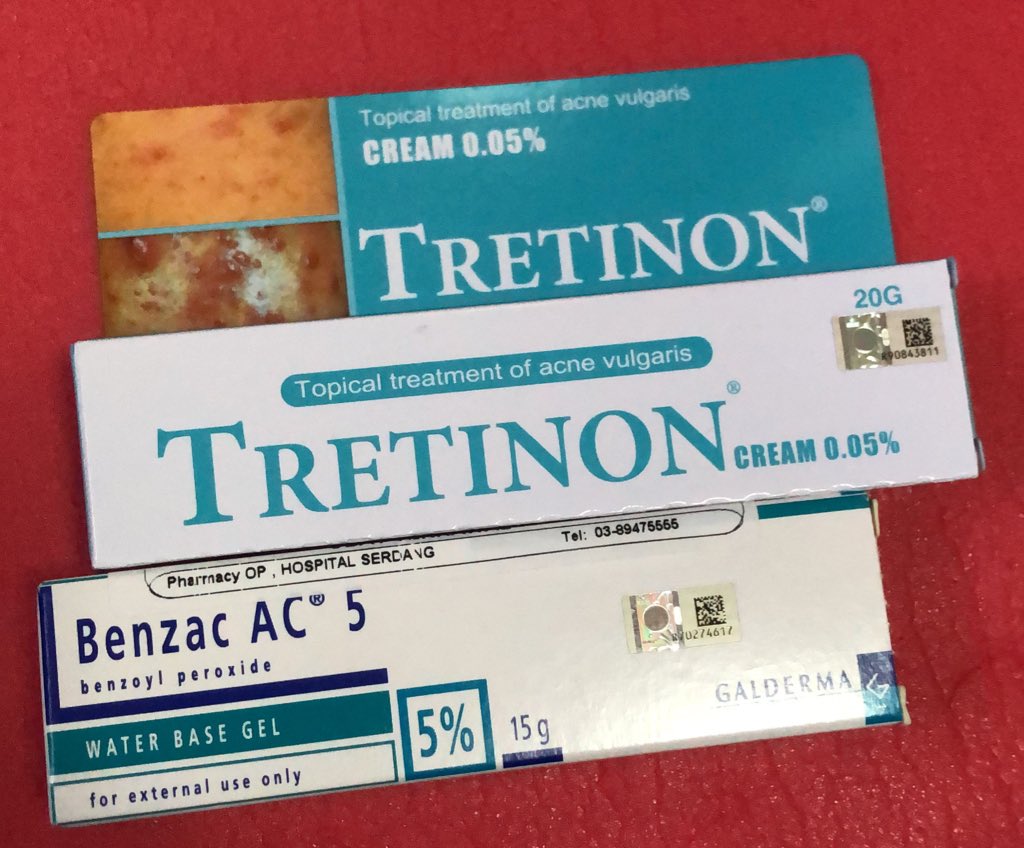 Spot treatment! Sapu nipis je at your acne affected place only! Benzac 5%(guna siang)Tretinon 0.05% (night time only sebab dia tak boleh kena matahari tau!) Facts about tretinon: can cause abnormalities to your baby if you are pregnant!