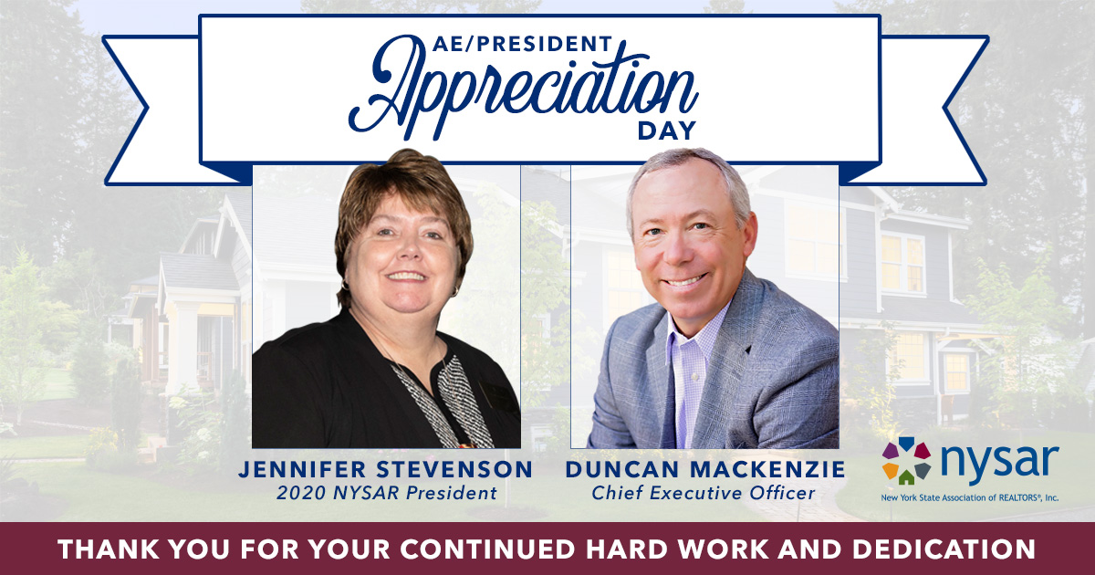 NYSAR_News's tweet photo. On Dale Stinton AE/President Appreciation Day, we would like to thank NYSAR 2020 President Jennifer Stevenson and NYSAR CEO Duncan MacKenzie for all they do for the REALTOR® community! https://t.co/ozRJ1jnZKx
