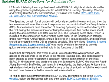 Updated ELPAC Directions for Administration
urldefense.proofpoint.com/v2/url?u=https…
Video: elpac.org/training/video…
Website: elpac.org
<a href="/MEGASDCOE/">Multilingual Education & Global Achievement- SDCOE</a>
