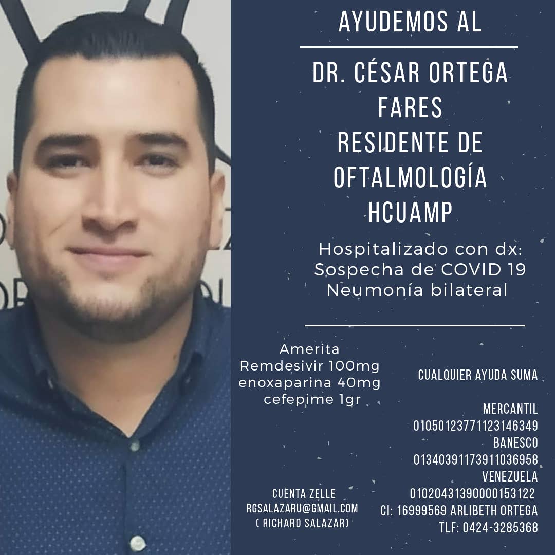 El es mi compañero de postgrado. Mi Amigo. Ahora hospitalizado en un centinela por COVID-19. César no es de Barquisimeto. Es de Guarico. Necesita la ayuda de todos ya que está sin familiares cercanos. Te lo agradeceríamos.