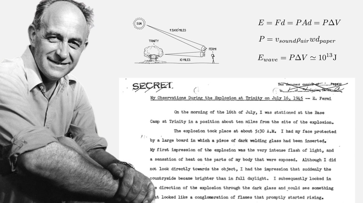 Today is the 119 anniversary of the birth of Enrico Fermi. In 1945, Fermi calculated the power of the Trinity atomic bomb based on the distance traveled by pieces of paper he dropped during the blast.

Here's the 1-page report he wrote after the explosion: fermatslibrary.com/s/my-observati…