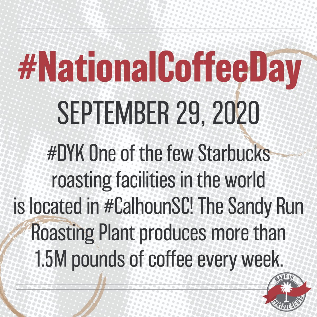 Central_SC's tweet photo. Three cheers to the morning motivator – coffee! ☕ On #NationalCoffeeDay, we tip our cup to @Starbucks’ Sandy Run Roasting Plant #CalhounSC. The facility produces 1.5M+ lbs weekly. Now that’s a lot of pick-me-up!
#MadeInCentralSC #CentralSCregion #BusinessFriendlyBusinessReady https://t.co/scBRyIrIMD