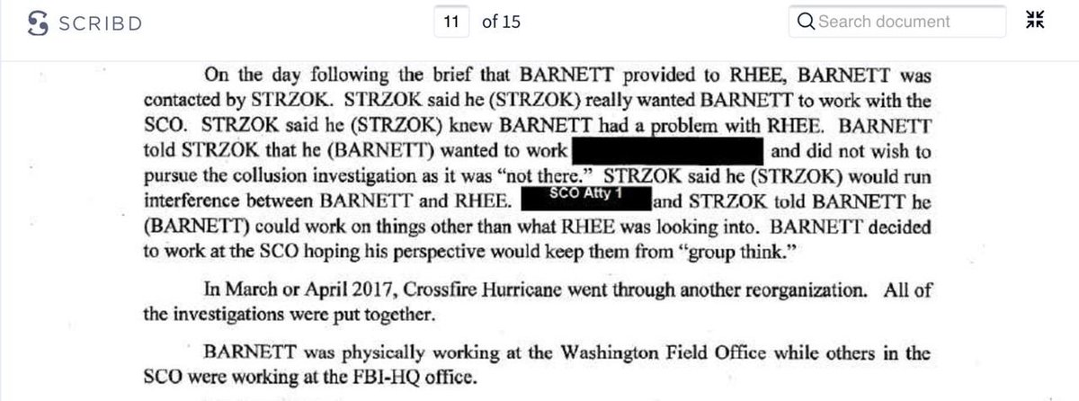 12. So Rhee & SCO Atty1 (Weissmann?) got on the phone to McCabe & Strzok ASAP. Within ONE DAY Strzok, who tries to change his mind. My theory is Barnett was one of several agents that got an inside look & said ‘nope, I'm out, this is wrong’ & Strzok is doing damage