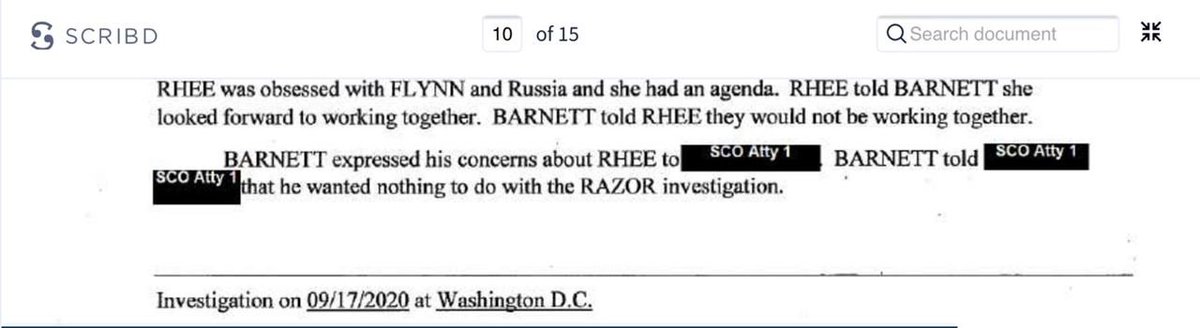 (Weissmann?) & says he wants off the case. Barnett knows this is a political operation not a real case.11. That first sentence: “Rhee was obsessed with Flynn & Russia & had an agenda.” Barnett flat out refused to work with her.