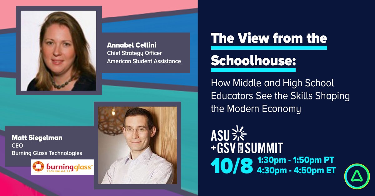 Britebound's tweet photo. Oct. 8 join us and @Burning_Glass at the @asugsvsummit to discuss our new report which details what we learned from educators about the importance of teaching in-demand #workforce skills in middle and high school. #ASUGSV https://t.co/QxBrkRsjXg https://t.co/ovvRtQA4TB