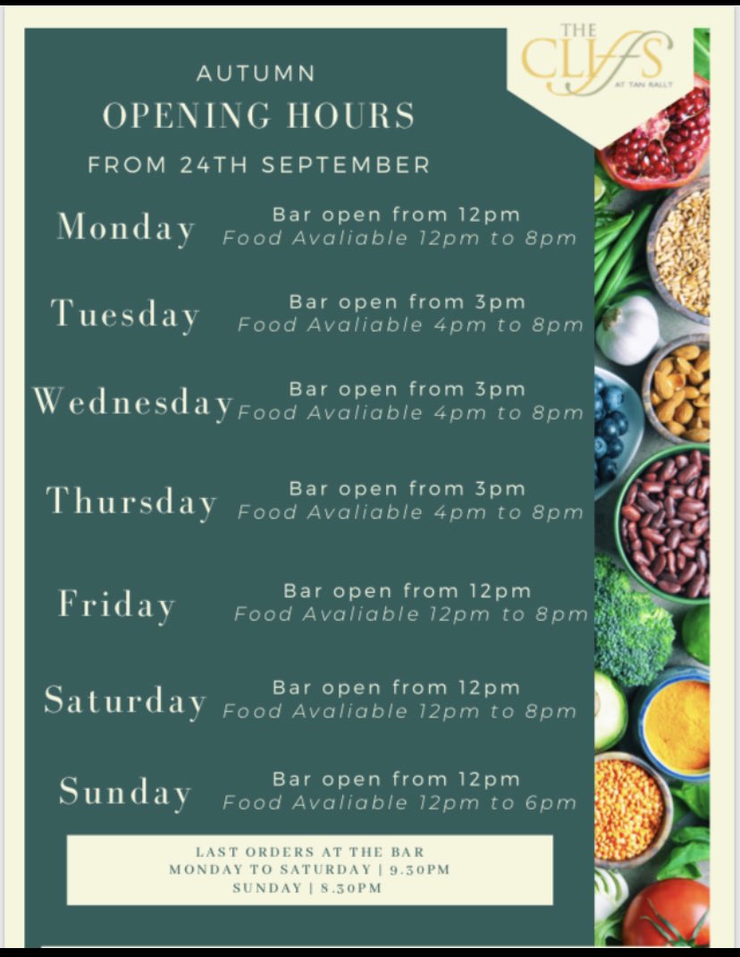 TheCliffs_'s tweet photo. ~ • Autumn Opening Hours • ~ 

Following the new restrictions announced last week, we have amended our service times. 

If you would like to book a table please call us on 01492 511633 🌿🌻

#abergele #northwalesfood #thecliffs https://t.co/A1zbqXF8y7