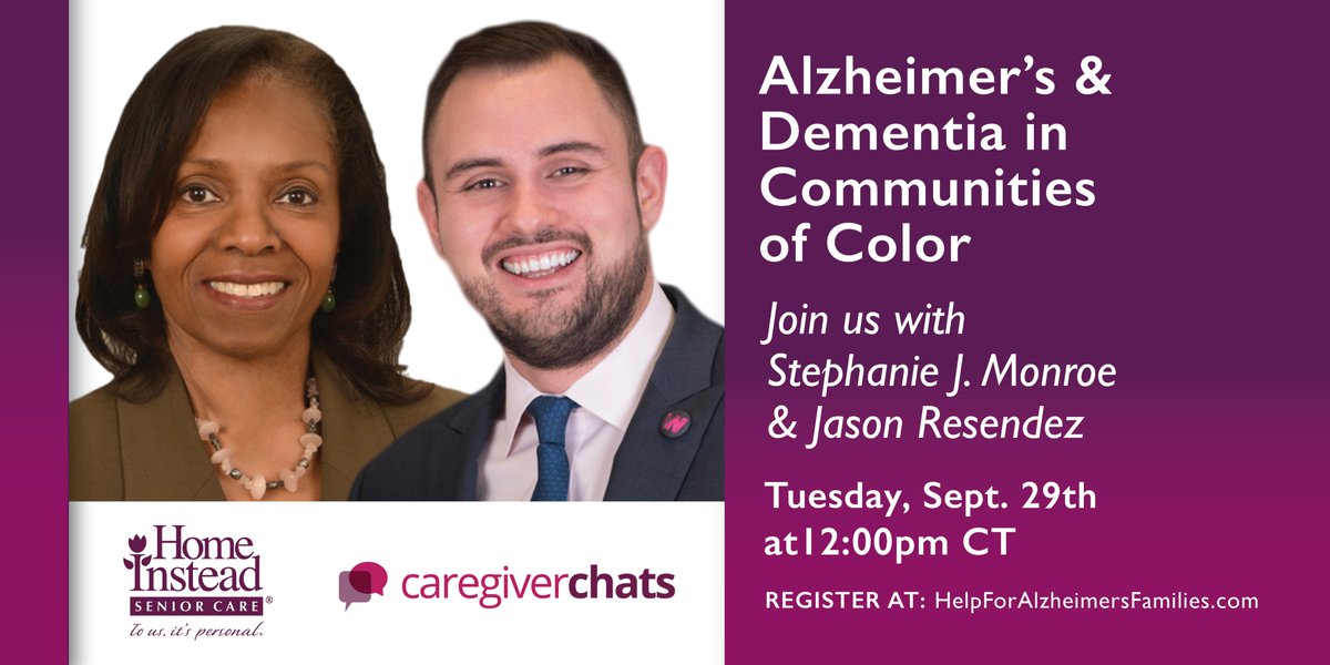 AfAmAgainstAlz's tweet photo. Today! Don't miss UsA2's @jason_r_DC
 and @SMonroe2020 for #CaregiverChats: #Dementia in Communities of Color w/ @homeinstead
 ➡️ Register: https://t.co/SucmcVLABR ➡️ #FacebookLive: https://t.co/ovxGoUZo1X #Alzheimers #LetsTalkAboutDementia #WorldAlzMonth https://t.co/mpW4rP99Zm