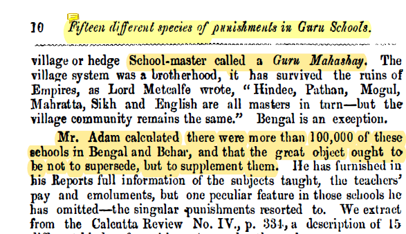 In his reports, Adams noted that there were more than 100,000 Vernacular schools in Bengal and Behar combined together in beginning of 18th Century. Thats equivalent to one school per 400 person that time. Wow! Actually one school for each 36 school going children.3/n