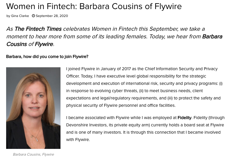 .<a href="/thefintechtimes/">The Fintech Times</a> is celebrating #WomenInFintech this month. We're excited to share that Flywire's Chief Information Security and Privacy Officer, Barbara Cousins, has been featured! Check out the full interview: thefintechtimes.com/women-in-finte… #security #CISO #risk #privacy #payments