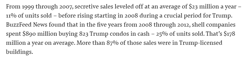 The 2008 sale of Trump's Palm Beach home to the bad guy from TENET has always been odd, but perhaps Rybolovlev is just bad with money.  Either way, it coincides with a sharp rise in Trump condos being bought through shell companies and/or with cash. /3 https://www.buzzfeednews.com/article/thomasfrank/secret-money-how-trump-made-millions-selling-condos-to#.ykby0mlN5