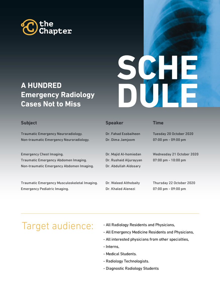 يسرنا في منصة the Chapter أن نعلن عن دورة أشعة الطوارىء والحوادث:

"A HUNDRED Emergency Radiology Cases Not to Miss"

على مدى 3 أيام من 20 إلى 22 أكتوبر 2020، يقدم فيها استشاريين أكثر من 100 حالة طارئة بشكل تفاعلي.
 
شهادات حضور..
مقاعد محدودة..
للتسجيل:

thechapter.academy/courses/A-HUND…