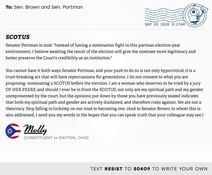 glass_lassie's tweet photo. Did you write call or email @senrobportman and @SenSherrodBrown if you’re in #Ohio today about #SCOTUS? https://t.co/1T5Gr0DxkY