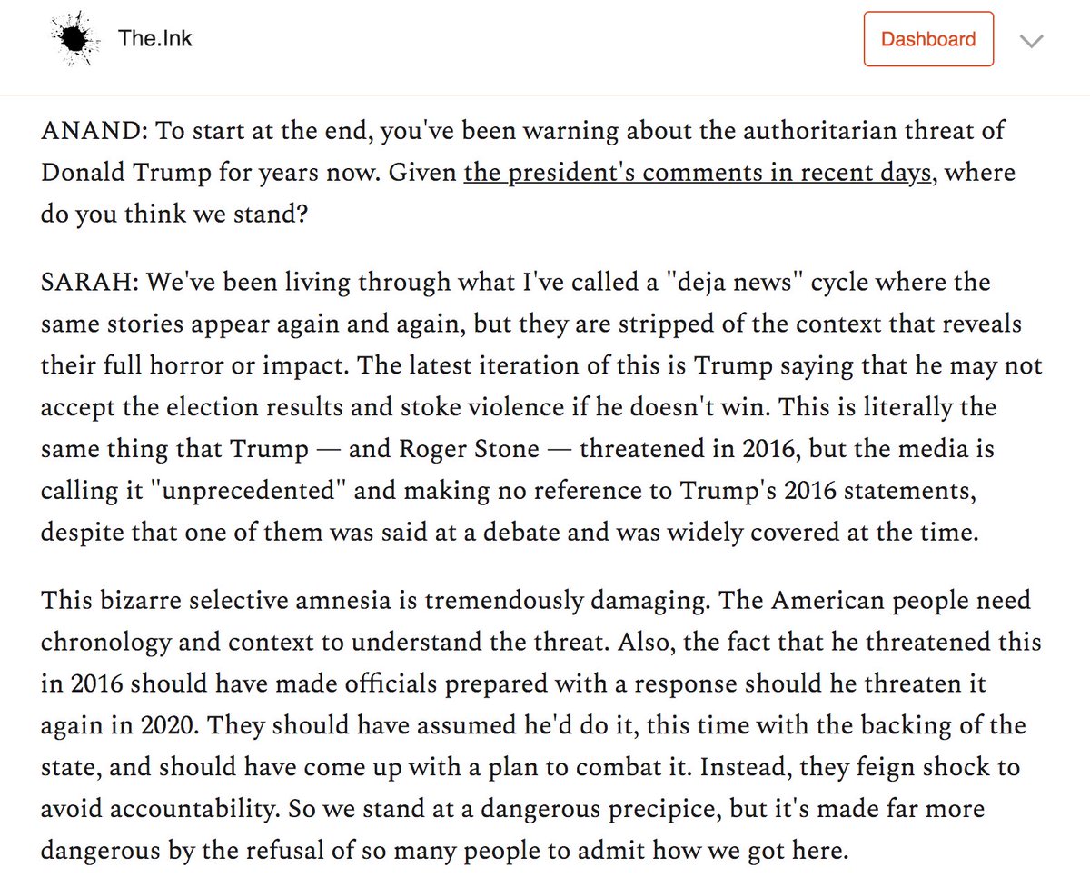 I began by asking  @sarahkendzior about the recent comments by Trump casting doubt on a peaceful transfer of power.She reminds us that nothing with him is as new at it seems, and our "bizarre selective amnesia," especially in the media, enables him. https://the.ink/p/sarah-kendzior