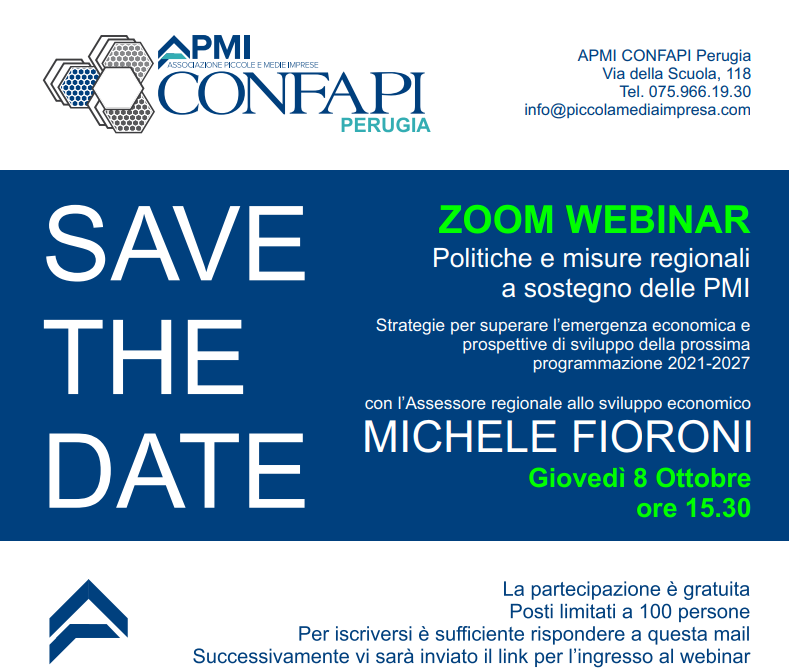 Apmi Confapi Perugia incontra l'Assessore <a href="/MicheleFioroni/">Michele Fioroni</a> giovedì 8 ottobre h 15.30; tema programmazione regionale 2021 - 2027.