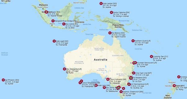 ... and wide, from the middle of the Indian Ocean to north of Indonesia to New Zealand. Patrick says they are proceeding slowly to avoid queueing at Australian ports.