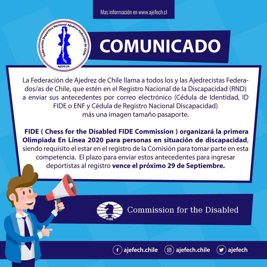 Federación de Ajedrez de Chile - AJEFECH (@ajefech) on Twitter photo Invitamos a todos los ajedrecistas federados del país que se encuentran en situación de discapacidad a inscribirse en el registro AJEFECH para participar de esta y otras actividades. <a href="/senadis_gob/">Senadis Chile</a> <a href="/INDChileOficial/">IND Chile 🇨🇱</a> <a href="/MindepChile/">Ministerio del Deporte</a> <a href="/FIDE_chess/">International Chess Federation</a> @ Invitamos a todos los ajedrecistas federados del país que se encuentran en situación de discapacidad a inscribirse en el registro AJEFECH para participar de esta y otras actividades. <a href="/senadis_gob/">Senadis Chile</a> <a href="/INDChileOficial/">IND Chile 🇨🇱</a> <a href="/MindepChile/">Ministerio del Deporte</a> <a href="/FIDE_chess/">International Chess Federation</a> @
