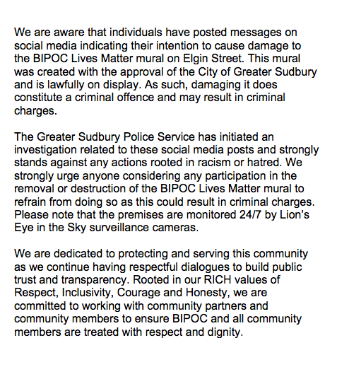 SudburyPolice's tweet photo. We are aware that individuals have posted messages on social media indicating their intention to cause damage to the BIPOC Lives Matter mural on Elgin Street.

Please read our full statement: 

#Sudbury https://t.co/SwJ7JoYD9X
