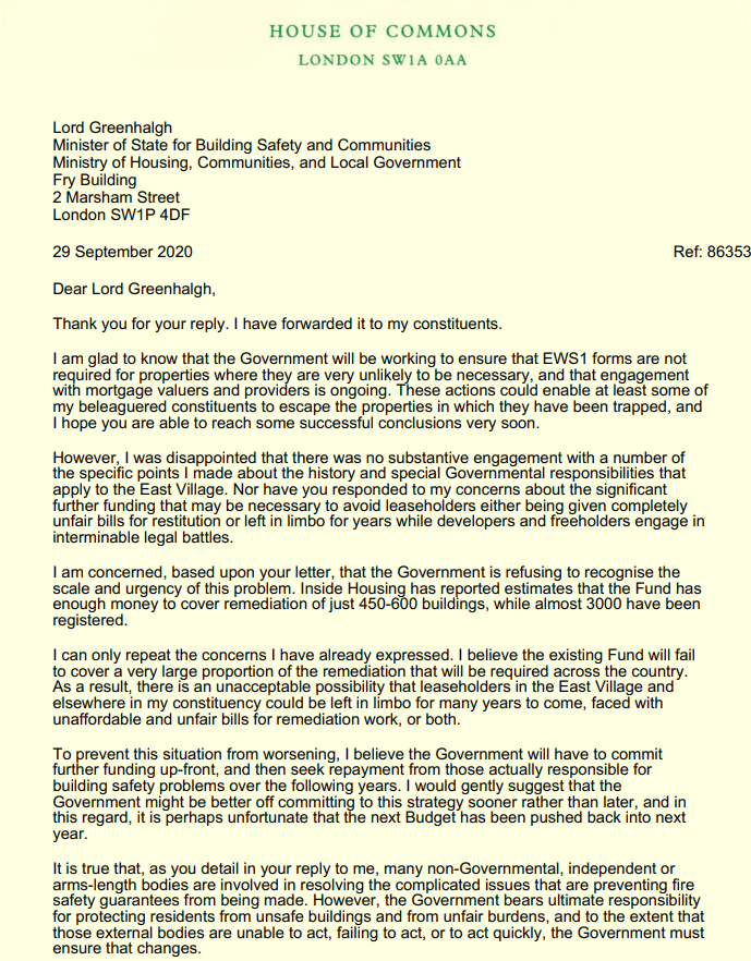 lynbrownmp's tweet photo. The cladding scandal goes on. Solidarity with all who are affected. I’ve written a letter back to the Govt. today to continue to try to get action. #EndOurCladdingScandal https://t.co/go8JcExDGi