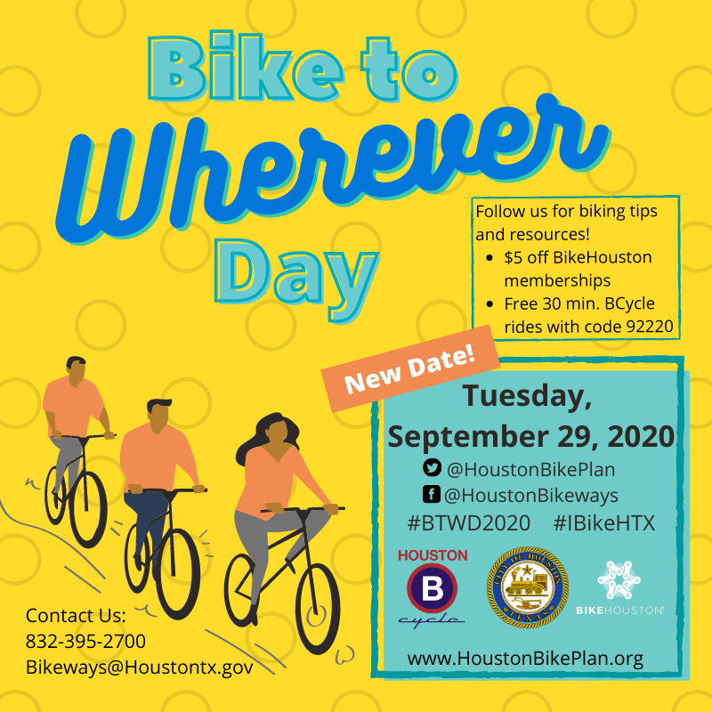 GreenHoustonTx's tweet photo. Good morning #Houston! Today is Bike to Wherever Day! We are looking forward to seeing where you bike to. Visit https://t.co/1qS5wJE7HC for more bike tips and safety resources. @HoustonBikePlan
#BTWD2020 #IBikeHTX https://t.co/qmrL9FX2g6