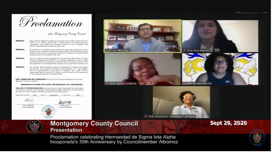 MoCoCouncilMD's tweet photo. First up at todayโs Council meetingโCouncilmember @albornoz_gabe presents a proclamation celebrating Hermandad de Sigma Iota Alpha Incoporadaโs 30th Anniversary. Tune in @CountyCableMoCo, Facebook or YouTube https://t.co/uUdsC3LIPp . ๐บ๐ป๐ฑ https://t.co/ilKxSUOt3b