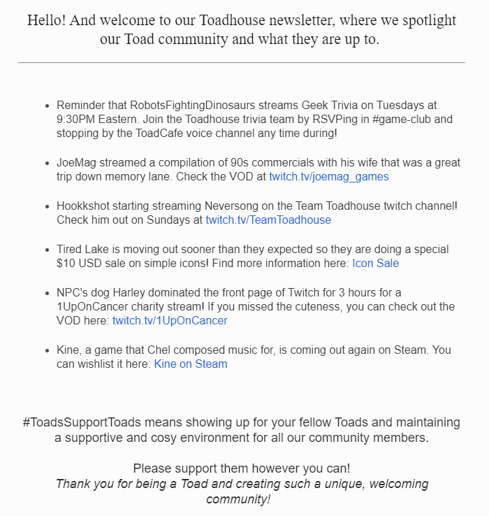 TeamToadhouse's tweet image. Did you know the Toadhouse has a newsletter?
It highlights everything our Toads are doing so we can better support each other! tinyletter.com/TeamToadhouse

#ToadsSupportToads RTs appreciated!