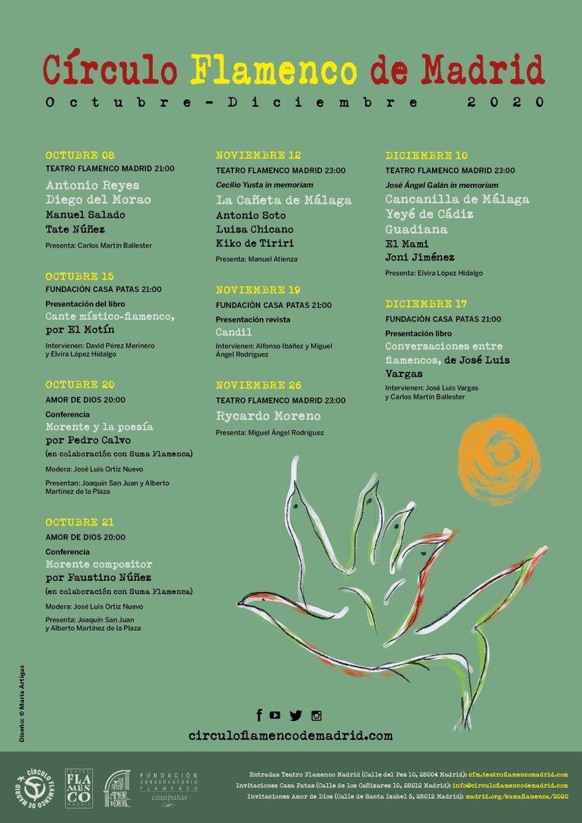 cirflamencomad's tweet photo. Programación del CFM para octubre-diciembre @areyescantaor @rycardo_moreno @GUADIANACANTAOR @Faustinoflamenc @cadf @TeatroFlaMadrid @fundcasapatas @carlosmb1974 @elflamencovive1 @Madrid_Cultura @deflamenco_com @guiaflama @aireflamenco @RevZocoFlamenco @CulturaCuenta @FAmordedios https://t.co/aXknKl1Z1O