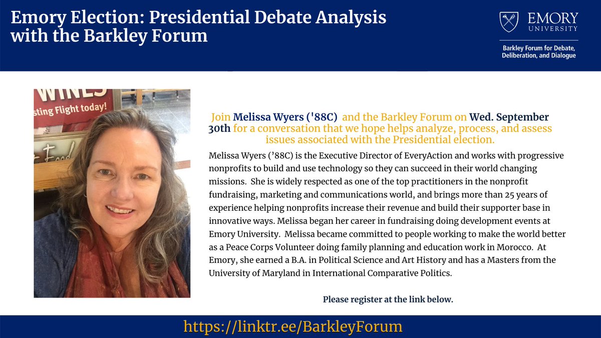emorydebate's tweet photo. Please join Melissa Wyers on September 30th from 5PM-6PM EST for a post Presidential debate analysis.
#Emory2020Election #BarkleyForum #EmoryDebate #EmoryAlumniAssociation https://t.co/XjU07gMWeF