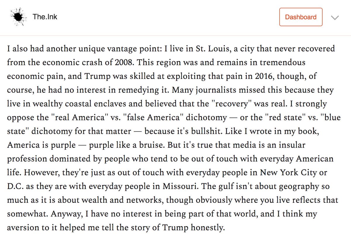 I asked  @sarahkendzior what in her background helped her see Trump, truly see him, as few did.1. Academic study of foreign autocracies that many Americans think irrelevant to them.2. Early skepticism of internet utopianism.3. Living in St. Louis, out of elite media mesh.