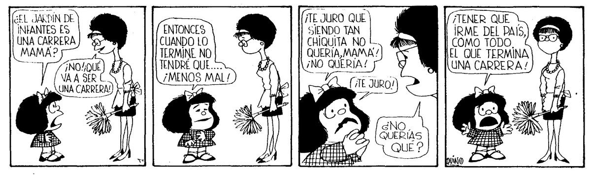 Hoy se cumplen 56 años de la primera aparición de Mafalda, y justo la semana pasada la estuve releyendo. A pesar de ser de los 60 los problemas que plantea son muy actuales. Como si la realidad argentina fuera cíclica.Por ejemplo la gente que se quiere ir del país[ABRO HILO]