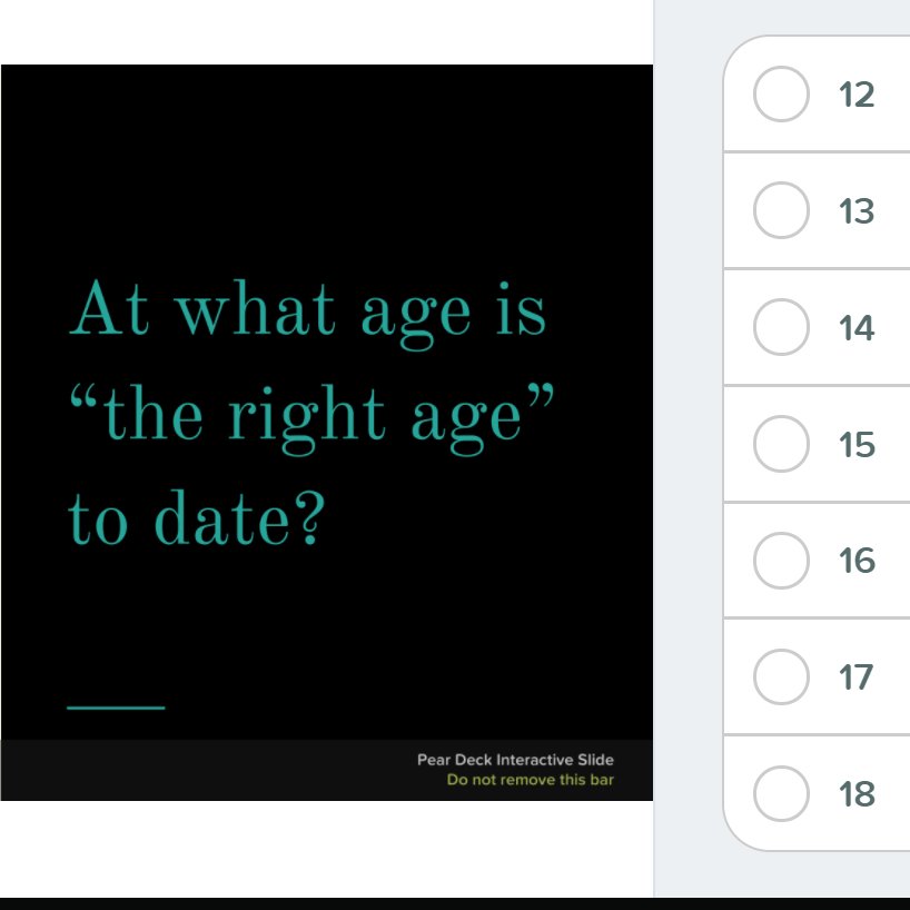 MTPScurriculum's tweet image. Mrs. Reagan’s Family Relations class used Pear Deck to start conversions about dating during their synchronous lesson today. #Peardeck #LearningRemotely