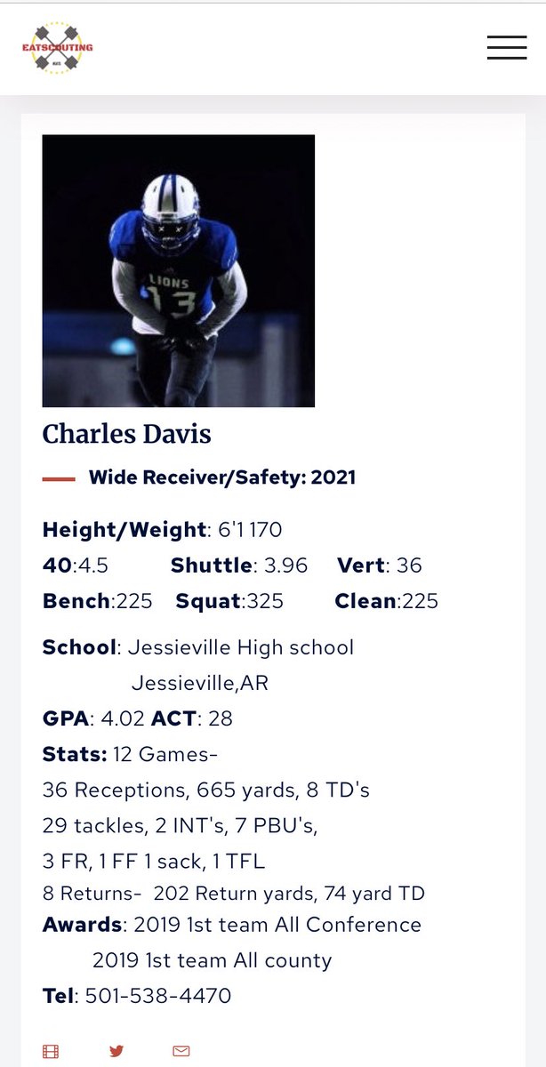 EatScouting's tweet image. 💥ATTENTION COACHES 💥
🚨High academic baller!!!🚨
2021 WR/S
@charl3s13 
6’1 170
40:4.5  Shuttle: 3.96   Vert: 36
Jessieville High school (AR)
GPA: 4.02 ACT: 28
Check out Updated film!!!
hudl.com/video/3/822301…