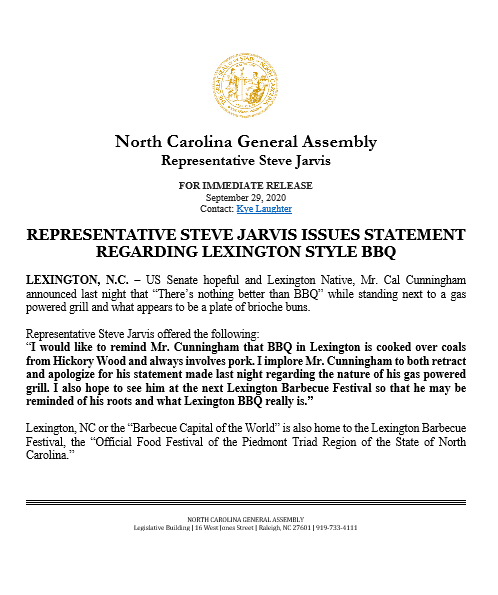SteveJarvisNC's tweet image. &quot;I would like to remind Mr. Cunningham that BBQ in Lexington is cooked over coals from Hickory Wood and always involves pork.&quot; - Rep. Steve Jarvis #ncpol