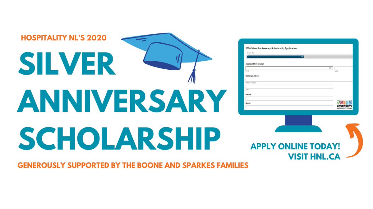 HospitalityNL's tweet photo. 🎓We are now accepting applications for our 2020 Silver Anniversary Scholarship! Awarded to a dependant or employee of a @HospitalityNL member company to assist them in their pursuit of post-secondary education. For more information or to apply, visit: https://t.co/8wfbHW2w1d https://t.co/hIerv1jBsQ