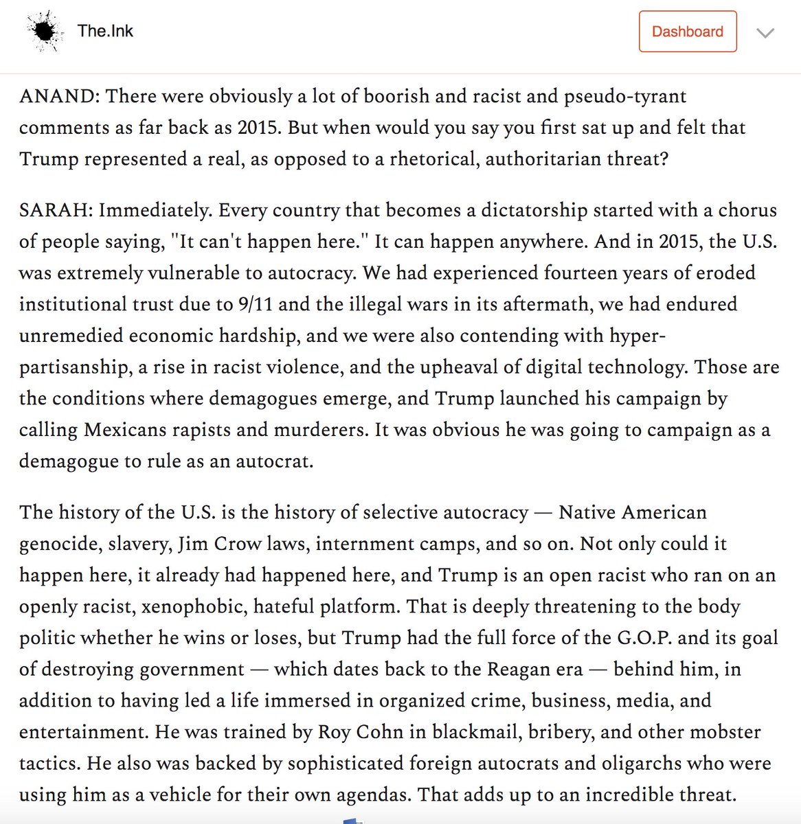 If you think back to 2015, there was a big debate, in which I grew enmeshed as well, about how early was too early to call Trump an autocrat. @sarahkendzior's view was clear. It was never too early, because "the history of the U.S. is the history of selective autocracy."