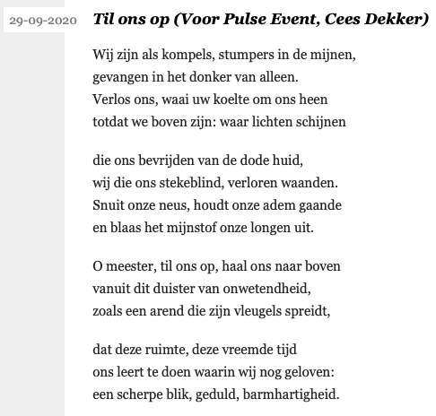 <a href="/JoramKaat/">Joram Kaat</a> <a href="/StefanPaas/">Stefan</a> @Marleenblootens <a href="/EllyElrik/">Elly en Rikkert</a> Het <a href="/PulseDelft/">Pulse Events</a> gedicht van Rikkert Zuiderveld (<a href="/EllyElrik/">Elly en Rikkert</a>) -
woorden voor mensen in coronatijd