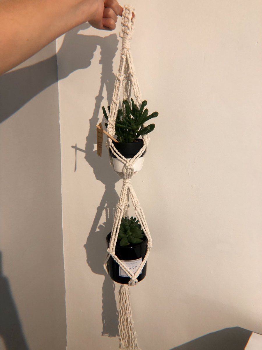 Selling this little beauty for £16 with free delivery because I’m feeling nice :) Down from £24. Handmade from organic cotton, sent in 100% recyclable packaging! 

(Not inc plants or pots) 

RT’s would be appreciated 🌟

#macrame #studentbusiness #localcrafts #commissionsopen