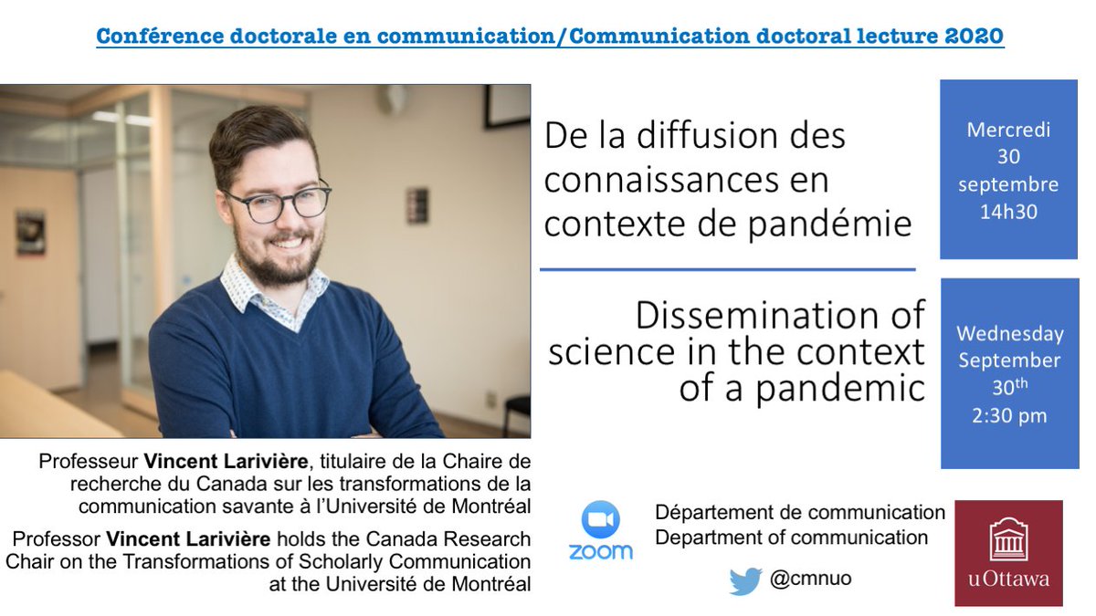 cmnuo's tweet image. Demain/Tomorrow #Sept30 2:30 pm (Ottawa time). De la diffusion des connaissances dans le contexte de la #COVID19/The diffusion of knowledge during the pandemic. Bilingual lecture/Conférence du professeur 
@lariviev  Inscrivez-vous ici/Register here: eventbrite.com/e/conference-d…