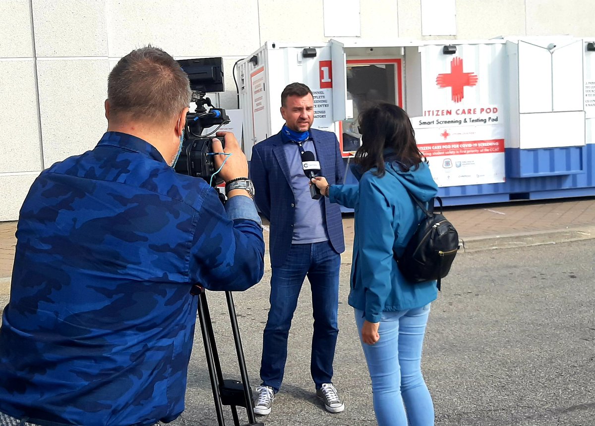 MYorke27's tweet photo. Getting the positive message out there! As COVID19 numbers in Ontario increase concerns on #publichealth are rightly increasing.  Here, the designer of @CitizenPod , Zenon Radewych of @WZMHarchitects speaks with #MDCmedia team from @CamoesTV on site @the_ccat #MadeinTO #Innovate https://t.co/A4DhUIziZQ